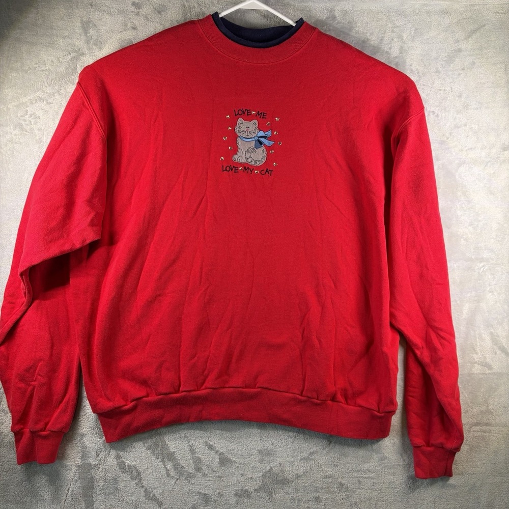 Vintage 90s M&C Sportswear Crewneck Sweatshirt Womens Sz 3X Red‎ LOVE MY CAT